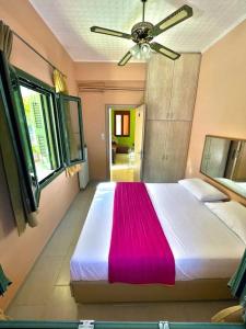 波罗斯Villa Simotas 4 Four的一间卧室配有一张大床和吊扇