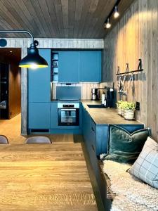 奥耶Brand new Chalet-apart slope Hafjell Mosetertoppen的厨房配有蓝色橱柜和沙发