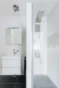 阿姆斯特丹Luxurious Private Studio Amsterdam Zuid的白色的浴室设有水槽和淋浴。