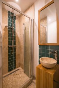 Josnesle Jardin de Josnes的一间带水槽和玻璃淋浴的浴室