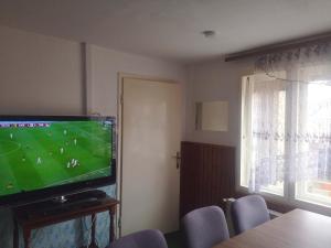 采列Small house in Celje的客厅里设有电视,上面放着足球比赛