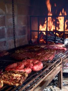 米纳斯Casa de campo - retiro con encanto en las sierras的烤架,有一堆肉和火