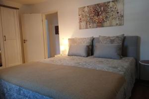 格门德蒂格斯Wohnung direkt am Tegernsee mit XL-Terrasse的一间卧室配有一张大床和两个枕头