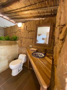 巴里查拉El Principito Hospedaje的一间带卫生间和木台面的浴室