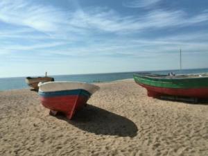 巴达洛纳Barcelona Badalona Playa Terraza的两艘船坐在靠近水面的海滩上