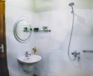 莫希Kilimanjaro Scenic Lodge的白色的浴室设有水槽和淋浴。