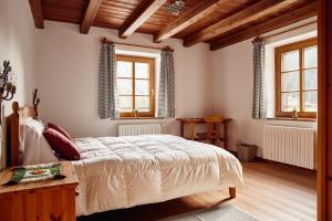 科尔蒂纳丹佩佐Rifugio Malga Ra Stua的一间卧室设有一张大床和两个窗户。