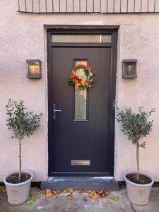 哈克瑙图卡德BYRON SQUARE COTTAGE的黑色门,带花环和两株植物