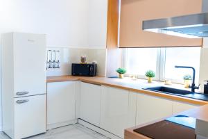 图尔达Thome Exclusive Cuvee Turda的白色的厨房配有水槽和冰箱