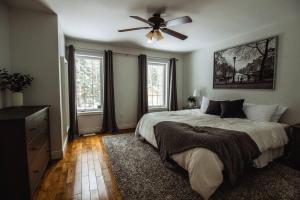 亨茨维尔Modern 4 season cottage retreat的一间卧室配有一张床和吊扇