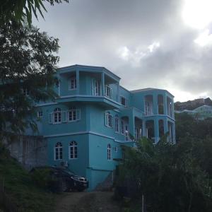 Tortola IslandAbigail's Spectacular 2 bedrooms-Entire Apartment的蓝色的房子,前面有停车位