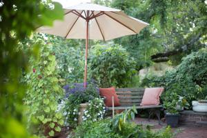 弗雷德里克10 Clarke的花园内带遮阳伞的长凳