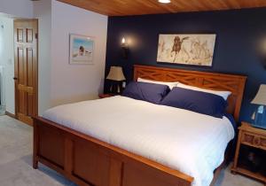 Blind BayHannie's Gasthuis的一间卧室配有一张带蓝色墙壁的大床