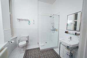 里加Sherlock Apartments的带淋浴、卫生间和盥洗盆的白色浴室