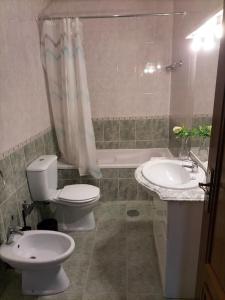波尔图Flores Apartment的浴室配有卫生间、盥洗盆和浴缸。