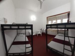康提Lazy Bear Best Hostel in Kandy的客房设有三张双层床和一扇窗户。