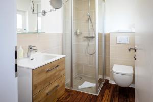 黑尔戈兰岛Insulaner Apartments的带淋浴、盥洗盆和卫生间的浴室