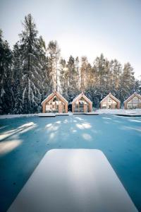 索普拉布扎诺ADLER Lodge RITTEN的积雪覆盖的院子,有一群房子