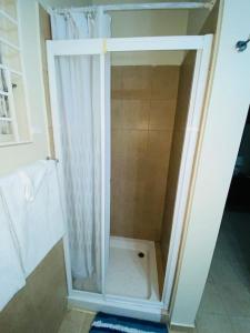 拉纳韦贝Club Caribbean Apartments的浴室里设有玻璃门淋浴