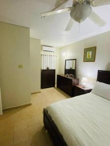 拉纳韦贝Club Caribbean Apartments的一间卧室配有一张床和吊扇