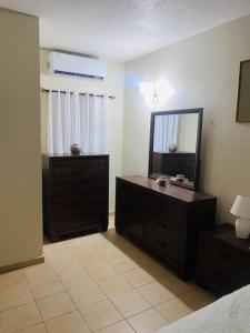 拉纳韦贝Club Caribbean Apartments的一间卧室配有带镜子的梳妆台和梳妆台。