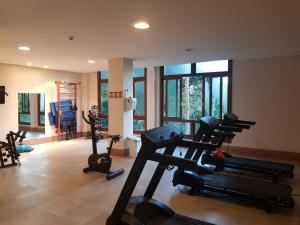 多明戈斯马丁斯hotel Pedra Azul ES的健身房设有跑步机,健身房提供健身自行车