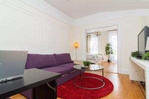 纽约211-3 Prime Union Square Large 1BR Great value的客厅配有紫色沙发和红色地毯