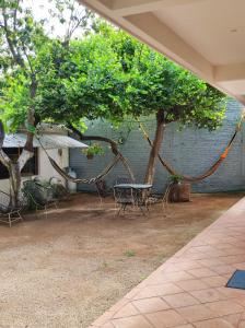 埃斯孔迪多港Casa Sixta的一个带桌椅和树的庭院