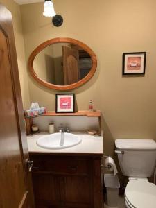 蒙特朗布朗Chalet-Style Condo - 5 minutes to Lifts and village!的一间带水槽、卫生间和镜子的浴室
