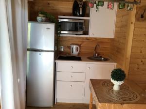 Dorp SotoApartment Panekoek的一间带冰箱和桌子的小厨房