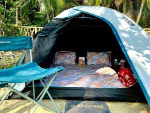 KākdwīpSatrangi Homestay Sundarban的蓝色帐篷 - 带一张床和一把椅子