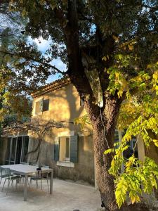 埃加利埃Maison Les Chênes的桌子和房子前面的树