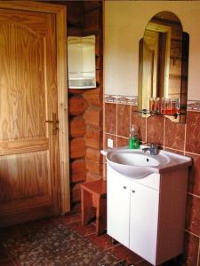SventePakrasti的一间带水槽、镜子和门的浴室