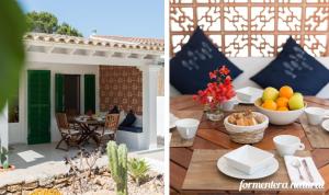 圣弗朗西斯科哈维尔Casas Emma y Sofía - Porto Sale - Formentera Natural的两幅带水果桌的庭院照片