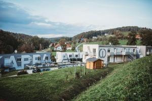 格拉茨Stadturlaub im Grünen - Ferienwohnungen in Graz mit Beachvolleyball & Grillplatz的河边山丘上的一群建筑物