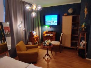 波恩莱茵兰德酒店的带沙发、桌子和电视的客厅