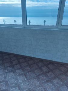阿克套维多利亚酒店的客房设有一个窗户,俯瞰着大海