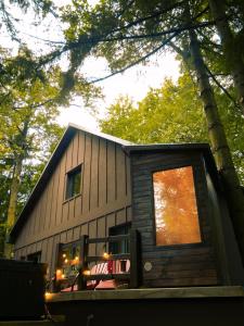 皮利什森特凯赖斯特Spirit of the Earth Cottage Dobogókő的树林中的小屋,设有大窗户