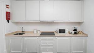埃武拉Casa Soure Suites and Apartments的厨房配有白色橱柜、水槽和微波炉