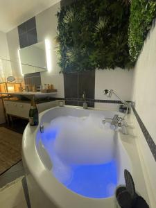 莫尔莱Cosy et jardin panoramique的浴室设有蓝色的白色浴缸