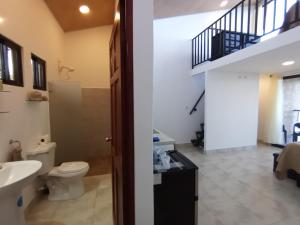 德雷克Tapirus Playa的一间带卫生间、水槽和楼梯的浴室