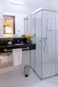 亚松森韦斯特法伦豪斯酒店的一间带玻璃淋浴和水槽的浴室
