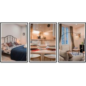 克莱蒙费朗L'annexe Clermont Ferrand的一张床位和一张桌子的房间的三张照片