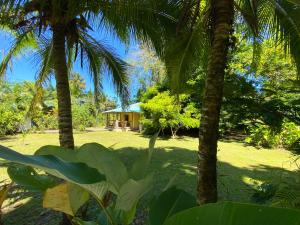 曼萨尼约Private Villa on 2-Acres of Jungle Garden & Pool的两棵棕榈树之间的鸟雕塑