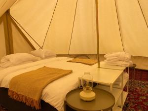 斯塔德Gårdshotellets Camping的帐篷内一间卧室,配有一张床