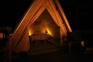 塔拉迪加Bohamia - Cozy A-Frame Glamp on 268 acre forest retreat的卧室,在黑暗的帐篷里配有一张床