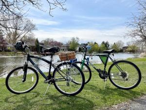 博伊西Lake Front Studio with Kayaks Bikes near Greenbelt的两辆自行车停在河边的草地上