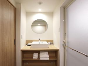 名古屋Henn na Hotel Express Nagoya Fushimi Ekimae的一间带水槽和镜子的浴室