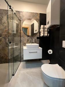 普什奇纳Apartamenty Warowna 2的一间带水槽、卫生间和镜子的浴室