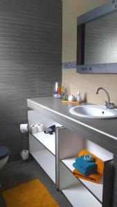 PaïtaCHAMBRES LEZARD Home的浴室配有盥洗盆和带毛巾的台面。